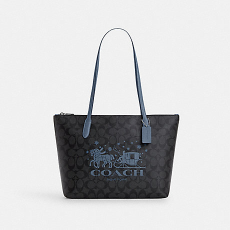 COACH CN626 Zip Top Tote In Signature Canvas With Horse And Sleigh Silver/Graphite/Light Mist