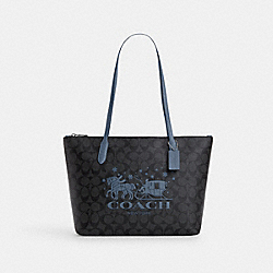 Zip Top Tote In Signature Canvas With Horse And Sleigh - CN626 - Silver/Graphite/Light Mist