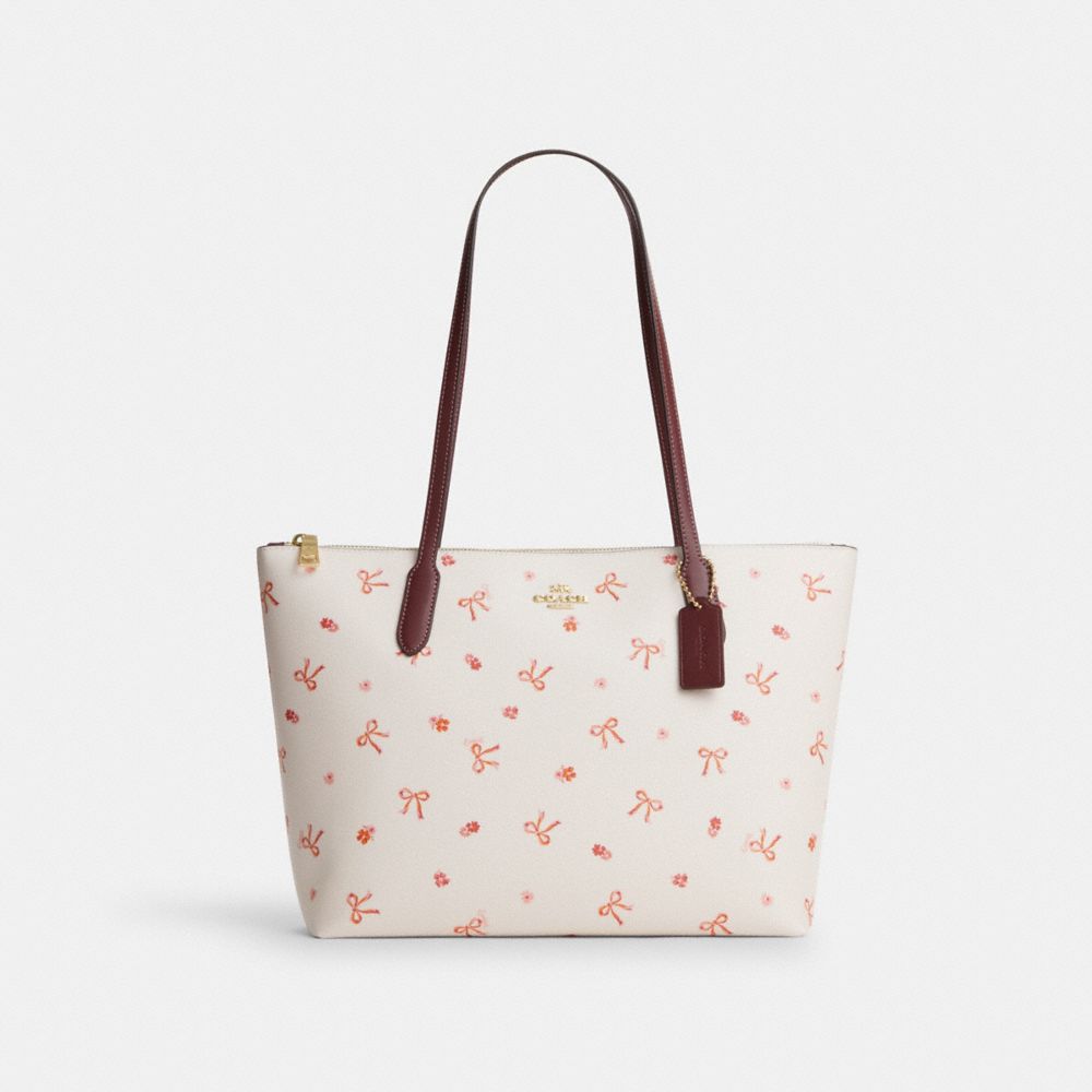 Zip Top Tote With Bow Print - CN627 - Im/Chalk/Wine Multi
