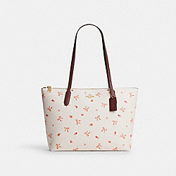 Zip Top Tote With Bow Print - CN627 - Im/Chalk/Wine Multi
