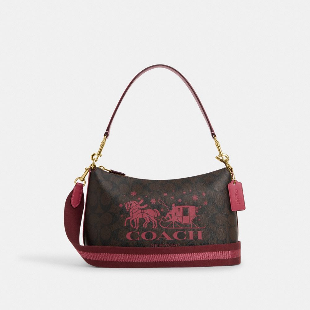 COACH CN686 Clara Shoulder Bag In Signature Canvas With Horse And Sleigh Im/Brown/Rouge