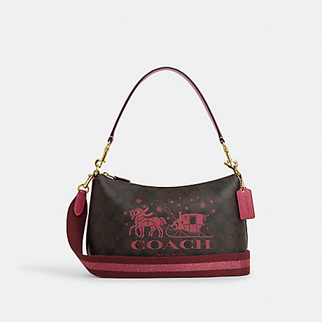 COACH CN686 Clara Shoulder Bag In Signature Canvas With Horse And Sleigh Im/Brown/Rouge