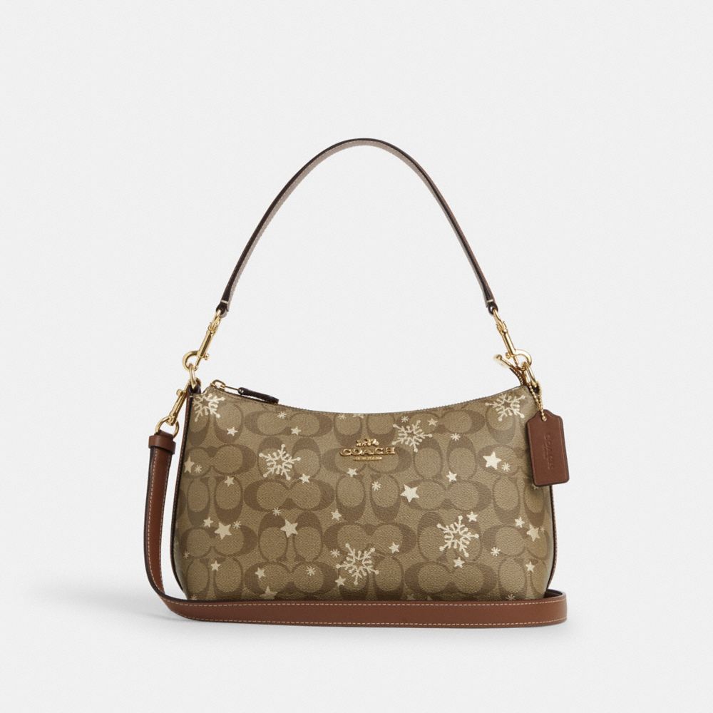 COACH CN688 Clara Shoulder Bag In Signature Canvas With Star And Snowflake Print IM/KHAKI SADDLE/GOLD MULTI