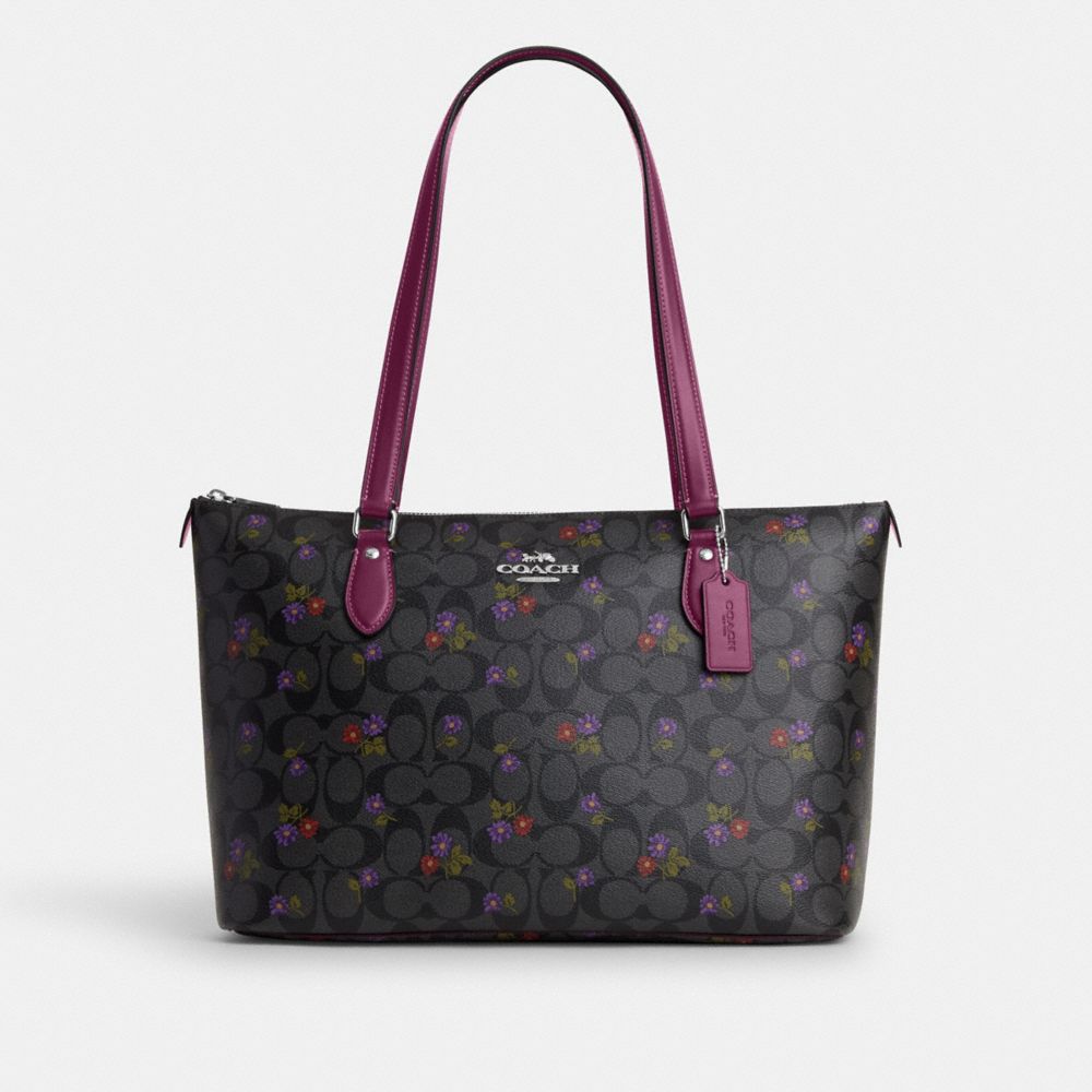 Gallery Tote In Signature Canvas With Country Floral Print - CN739 - Silver/Graphite/Deep Berry