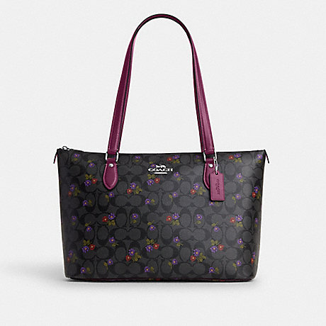 COACH CN739 Gallery Tote In Signature Canvas With Country Floral Print Silver/Graphite/Deep Berry