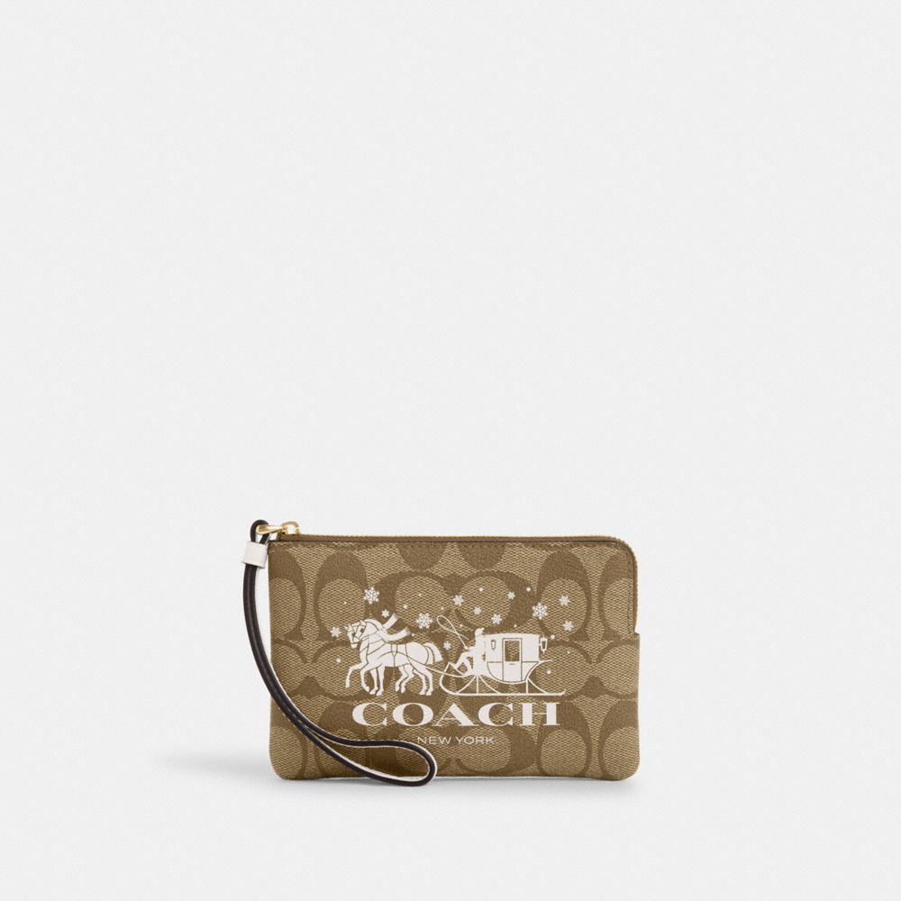 COACH CN755 Corner Zip Wristlet In Signature Canvas With Horse And Sleigh Gold/Khaki/Chalk