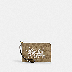 Corner Zip Wristlet In Signature Canvas With Horse And Sleigh - CN755 - Gold/Khaki/Chalk