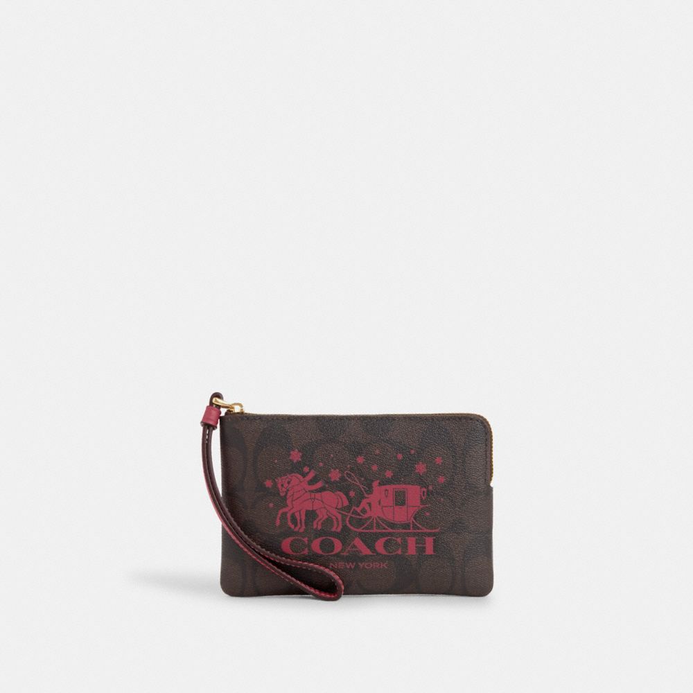 COACH CN755 Corner Zip Wristlet In Signature Canvas With Horse And Sleigh IM/BROWN/ROUGE