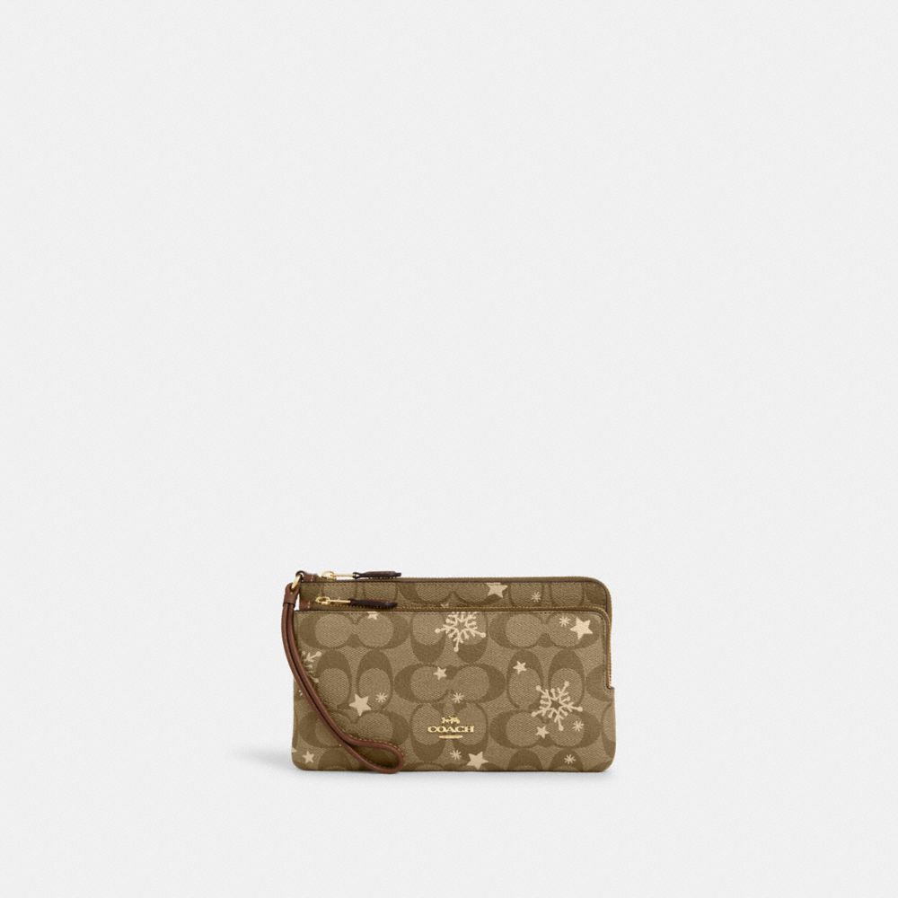 COACH CN759 Double Zip Wallet In Signature Canvas With Star And Snowflake Print IM/KHAKI SADDLE/GOLD MULTI