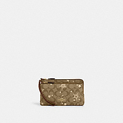 Double Zip Wallet In Signature Canvas With Star And Snowflake Print - CN759 - Im/Khaki Saddle/Gold Multi