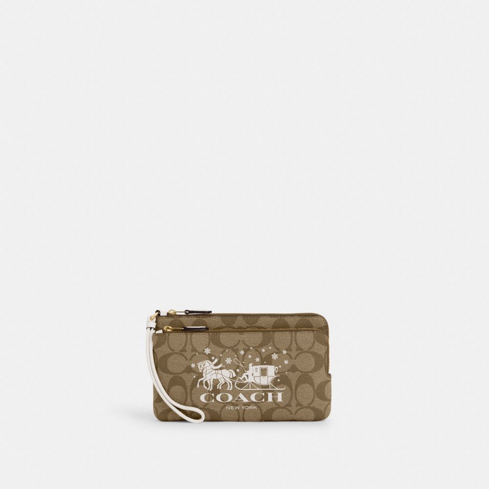 COACH CN760 Double Zip Wallet In Signature Canvas With Horse And Sleigh GOLD/KHAKI/CHALK