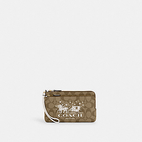 COACH CN760 Double Zip Wallet In Signature Canvas With Horse And Sleigh Gold/Khaki/Chalk
