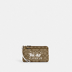 Double Zip Wallet In Signature Canvas With Horse And Sleigh - CN760 - Gold/Khaki/Chalk