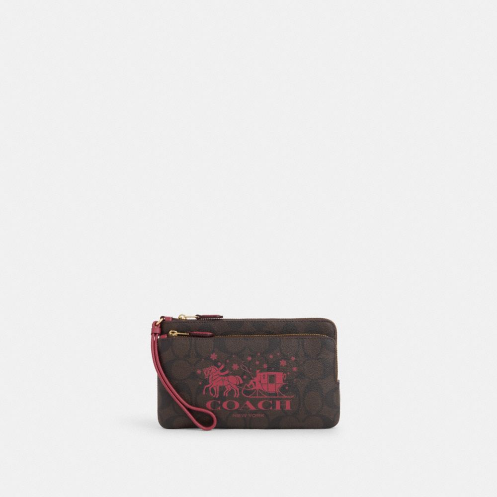 COACH CN760 Double Zip Wallet In Signature Canvas With Horse And Sleigh IM/BROWN/ROUGE