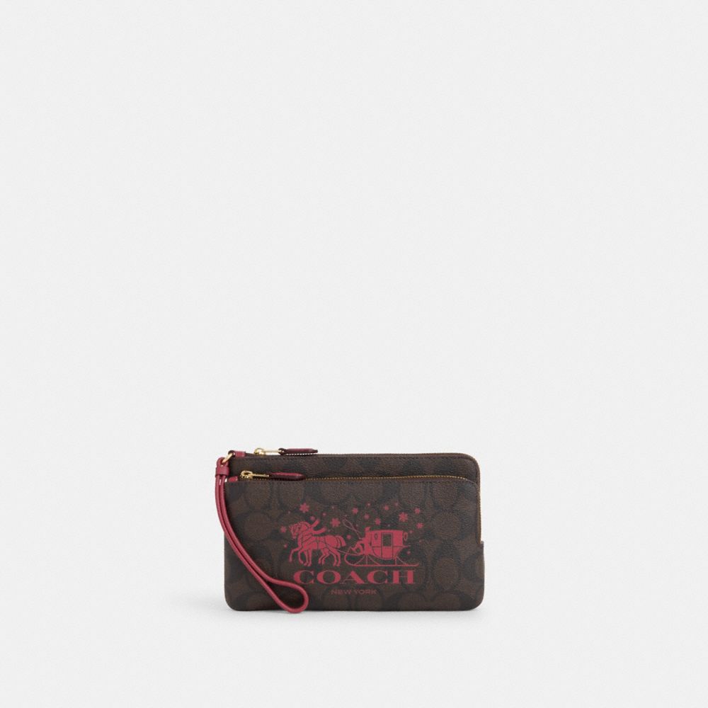 COACH CN760 Double Zip Wallet In Signature Canvas With Horse And Sleigh Im/Brown/Rouge