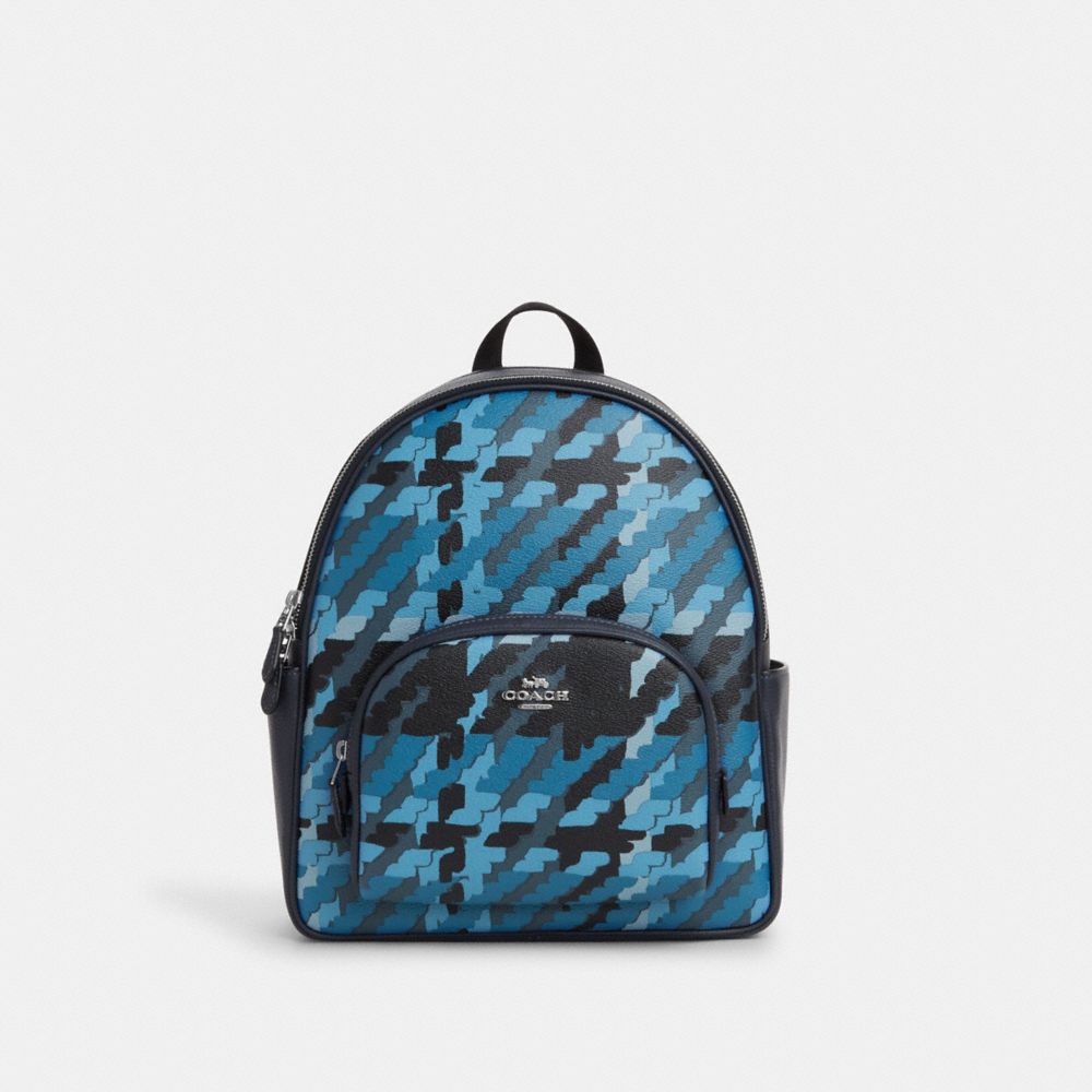 COACH CN762 Court Backpack With Graphic Plaid Print Silver/Blue Multi