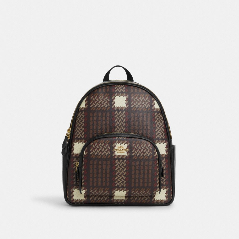 COACH CN763 Court Backpack With Brushed Plaid Print Gold/Brown Multi