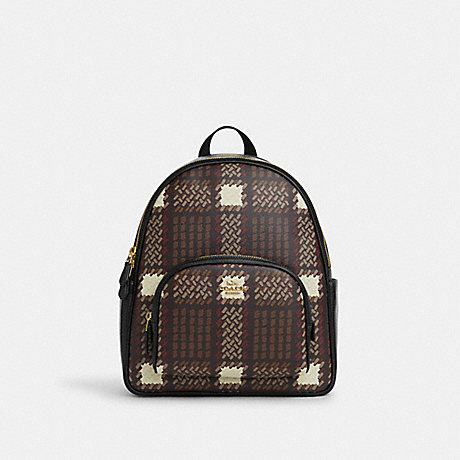 COACH CN763 Court Backpack With Brushed Plaid Print Gold/Brown-Multi