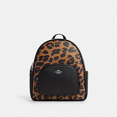 COACH CN764 Court Backpack With Signature Canvas And Leopard Print Silver/Light-Saddle-Multi