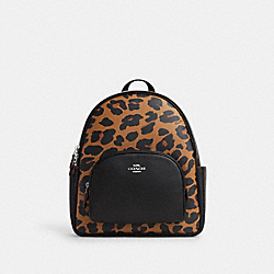COACH CN764 Court Backpack With Signature Canvas And Leopard Print SILVER/LIGHT SADDLE MULTI