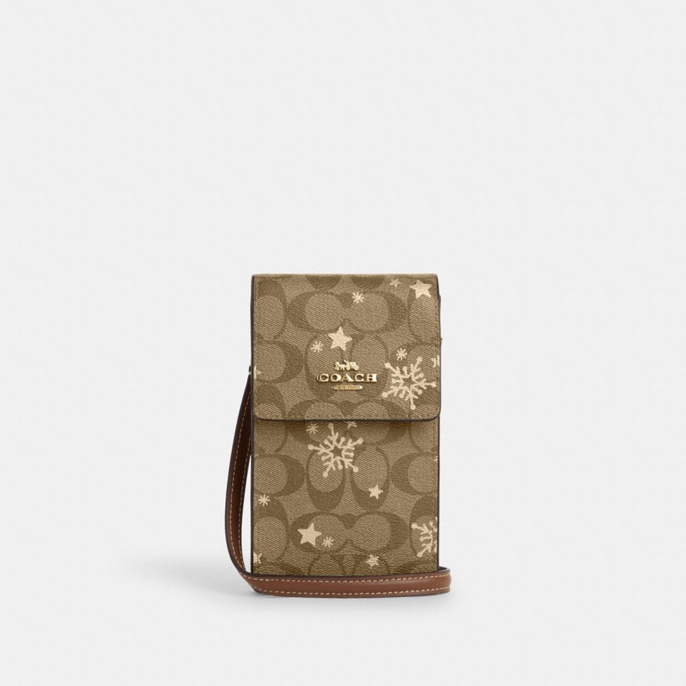 COACH CN770 North South Phone Crossbody In Signature Canvas With Star And Snowflake Print Im/Khaki Saddle/Gold Multi