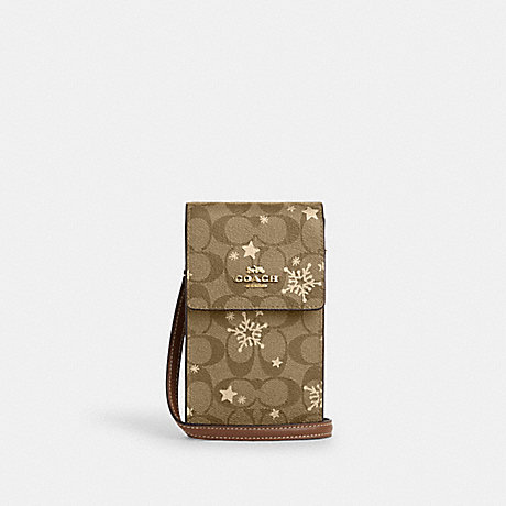 COACH CN770 North South Phone Crossbody In Signature Canvas With Star And Snowflake Print Im/Khaki Saddle/Gold Multi