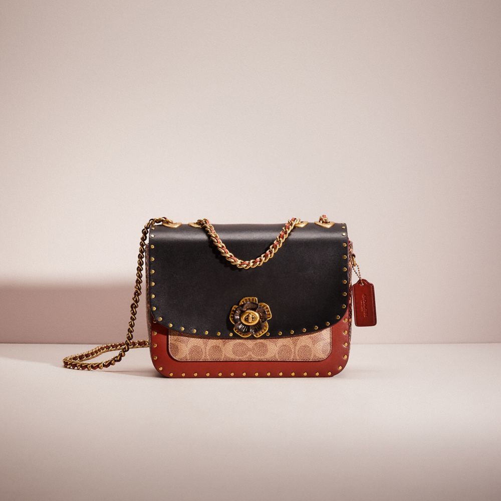 CO143 - Restored Madison Shoulder Bag In Signature Canvas With Rivets And Snakeskin Detail Brass/Tan/Rust