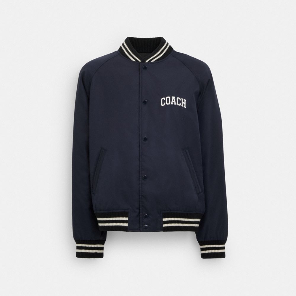 COACH&reg;,Scout Jacket In Recycled Nylon,Acrylic,Polyamide,Wool,Bomber,Logo,Applique,Stripe,Casual,Navy,Front View