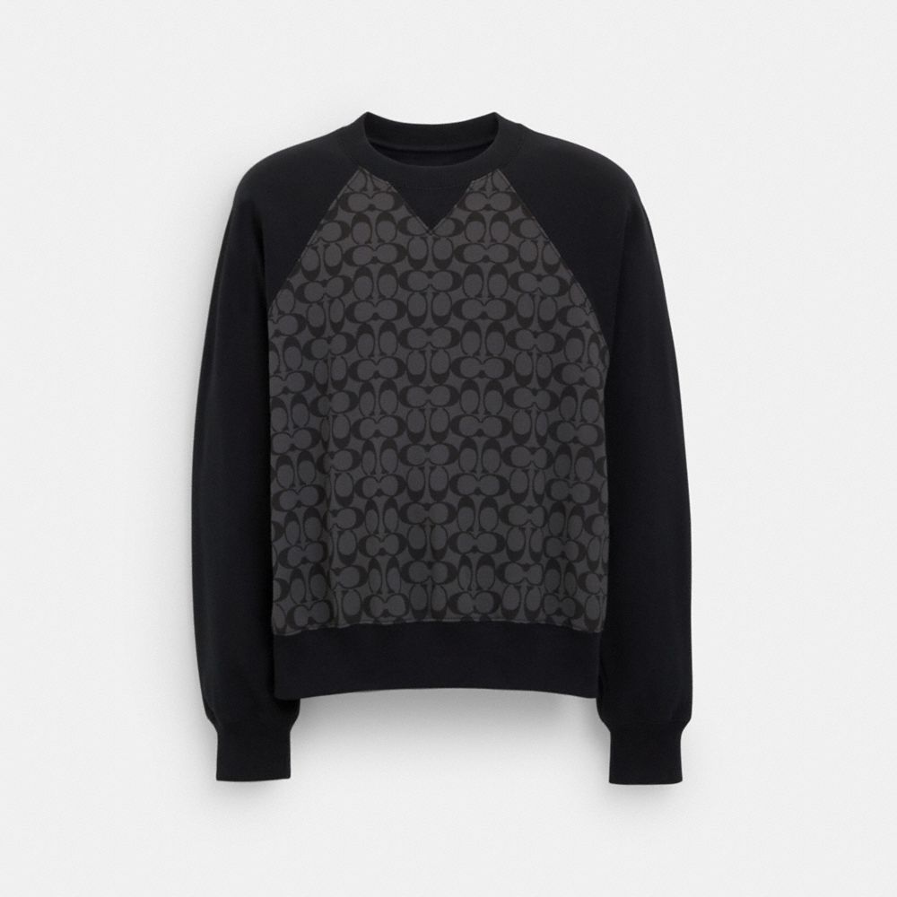 COACH®,Signature Crewneck Sweatshirt,Cotton,Sweatshirt,Logo,Pattern,Color Block,Casual,Gray,Front View