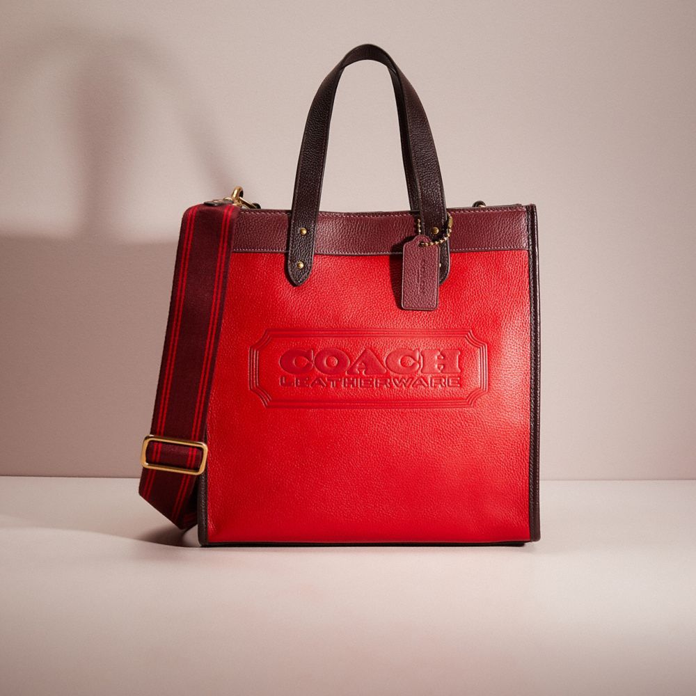 CO907 - Restored Field Tote In Colorblock With Coach Badge Brass/Electric Red Multi