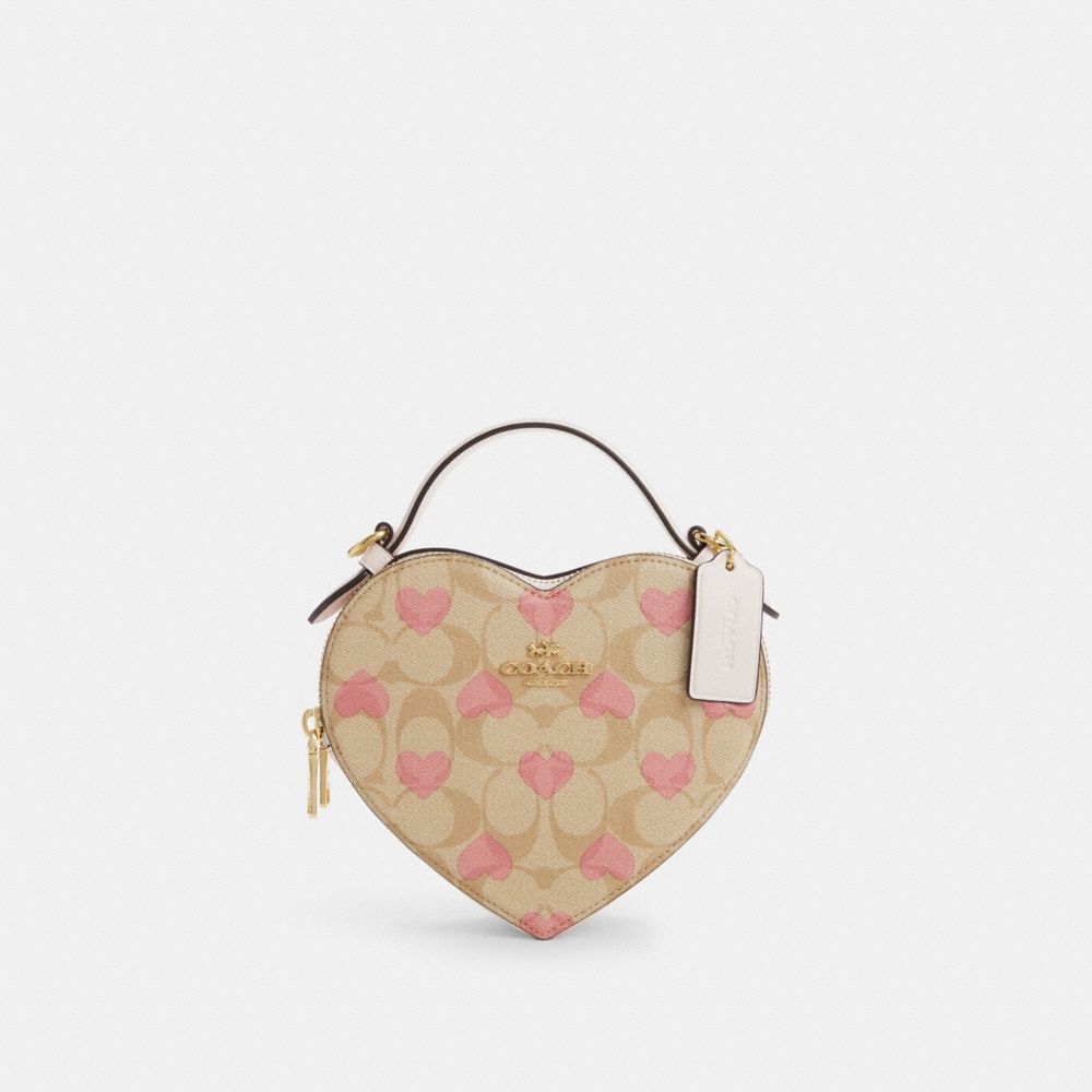 Heart Crossbody In Signature Canvas With Heart Print - CP021 - Gold/Light Khaki Chalk Multi