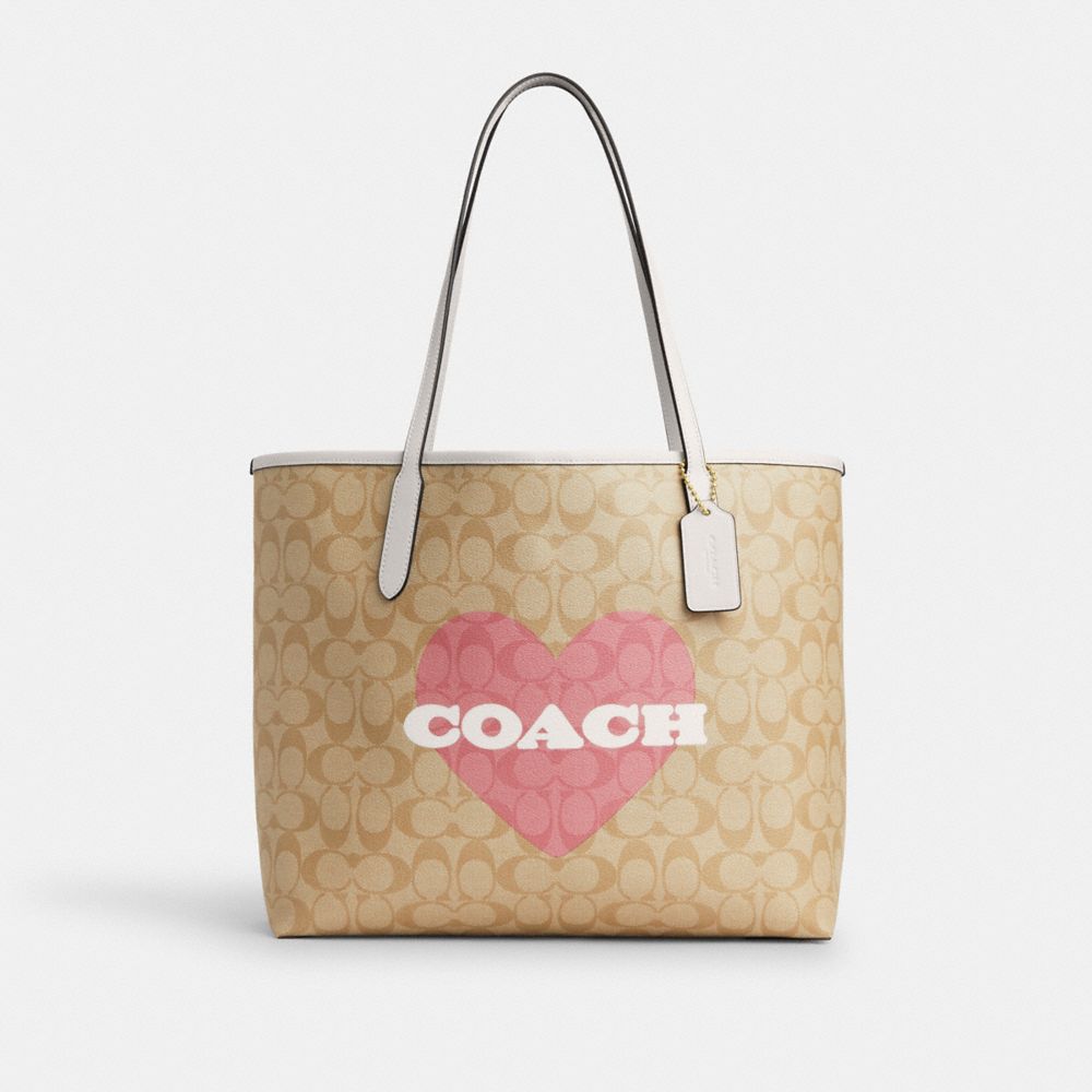 COACH CP052 City Tote In Signature Canvas With Heart Print GOLD/LIGHT KHAKI CHALK MULTI