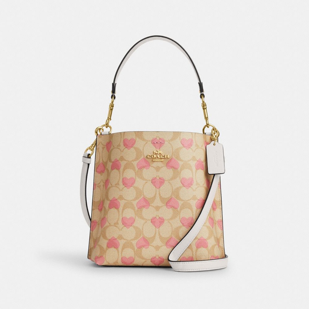 Mollie Bucket Bag 22 In Signature Canvas With Heart Print - CP056 - Gold/Light Khaki Chalk Multi