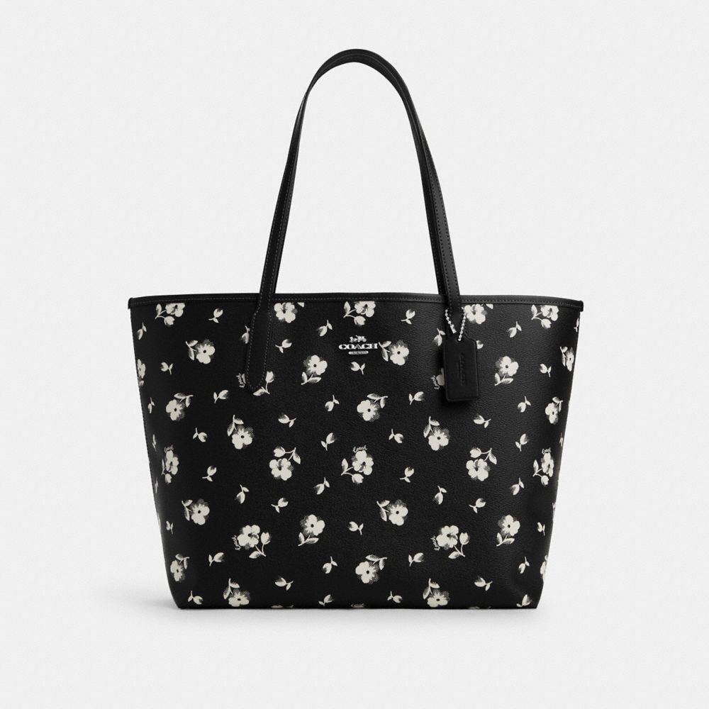 COACH CP073 City Tote With Floral Print Silver/Black Multi