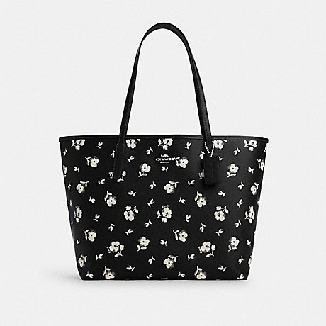 COACH CP073 City Tote With Floral Print Silver/Black-Multi