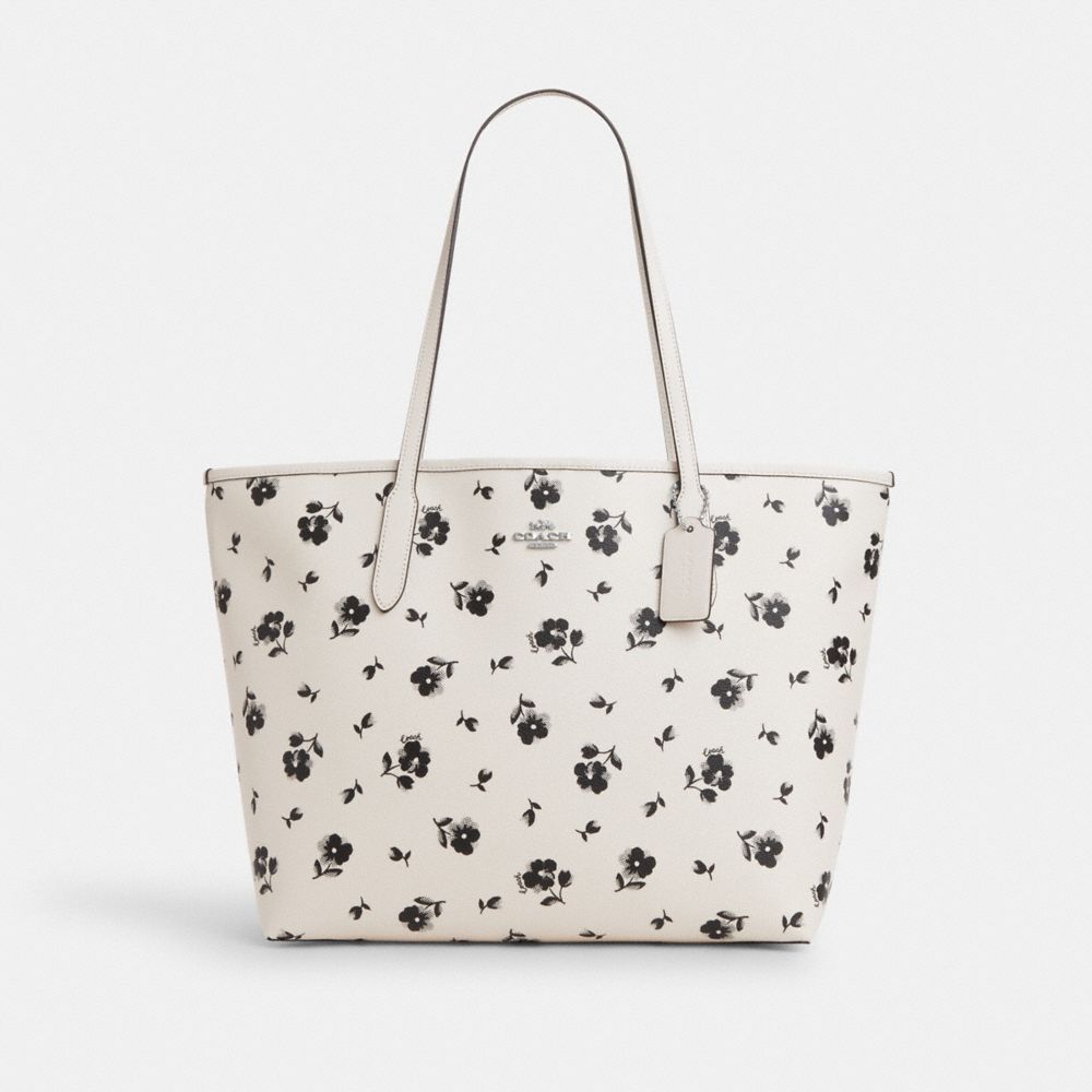COACH CP073 City Tote With Floral Print SILVER/CHALK MULTI
