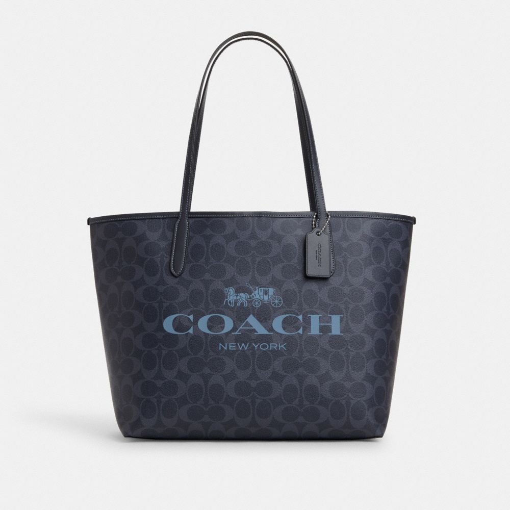 COACH CP074 City Tote In Signature Canvas SILVER/DENIM/MIDNIGHT NAVY