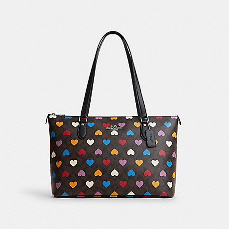 COACH CP108 Gallery Tote In Signature Canvas With Heart Print Silver/Brown Black Multi