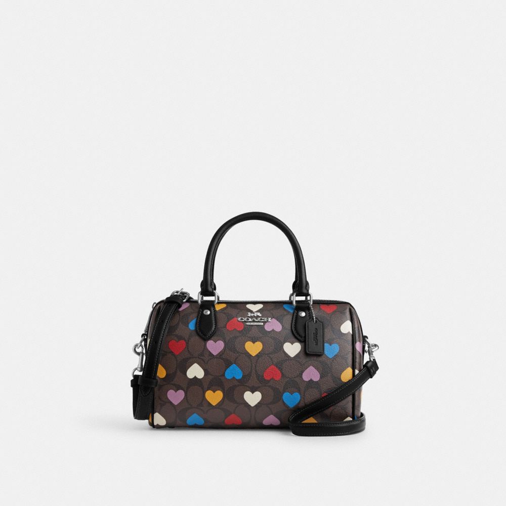 Rowan Satchel In Signature Canvas With Heart Print - CP109 - Silver/Brown Black Multi