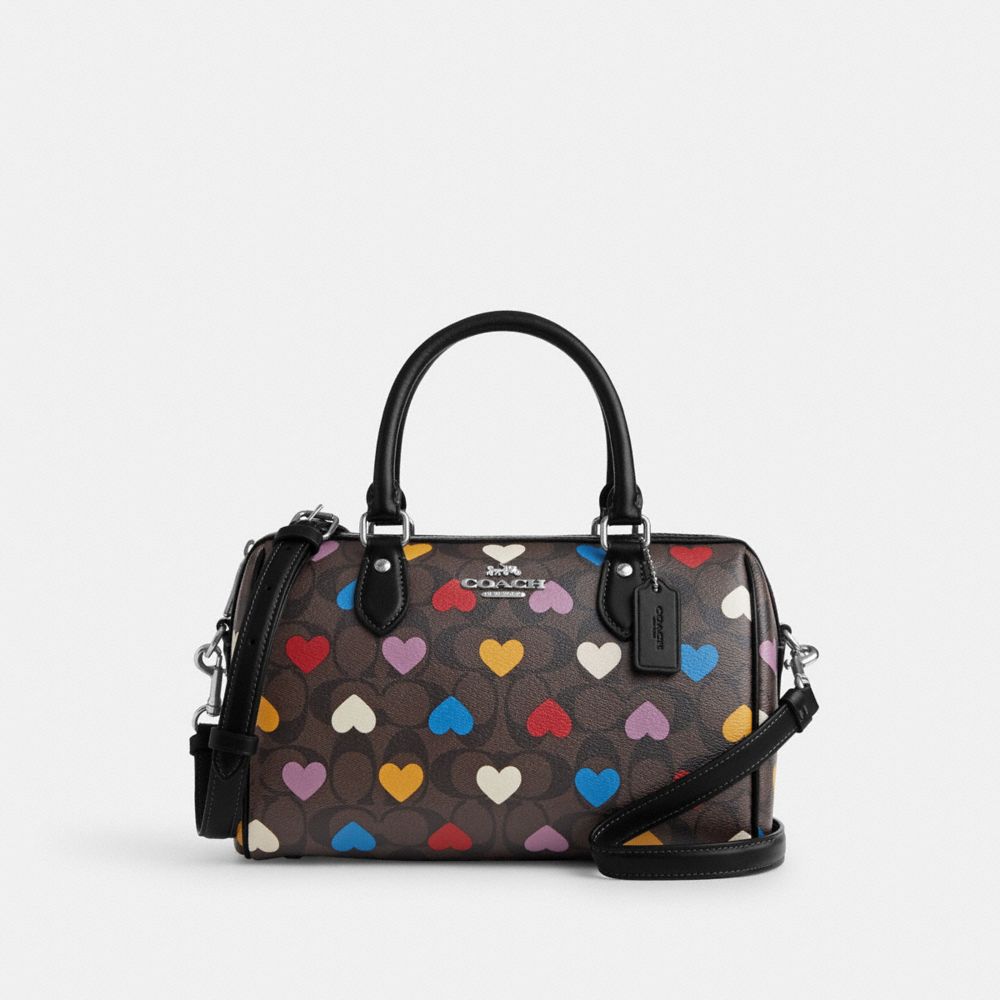 COACH CP109 Rowan Satchel In Signature Canvas With Heart Print SILVER/BROWN BLACK MULTI