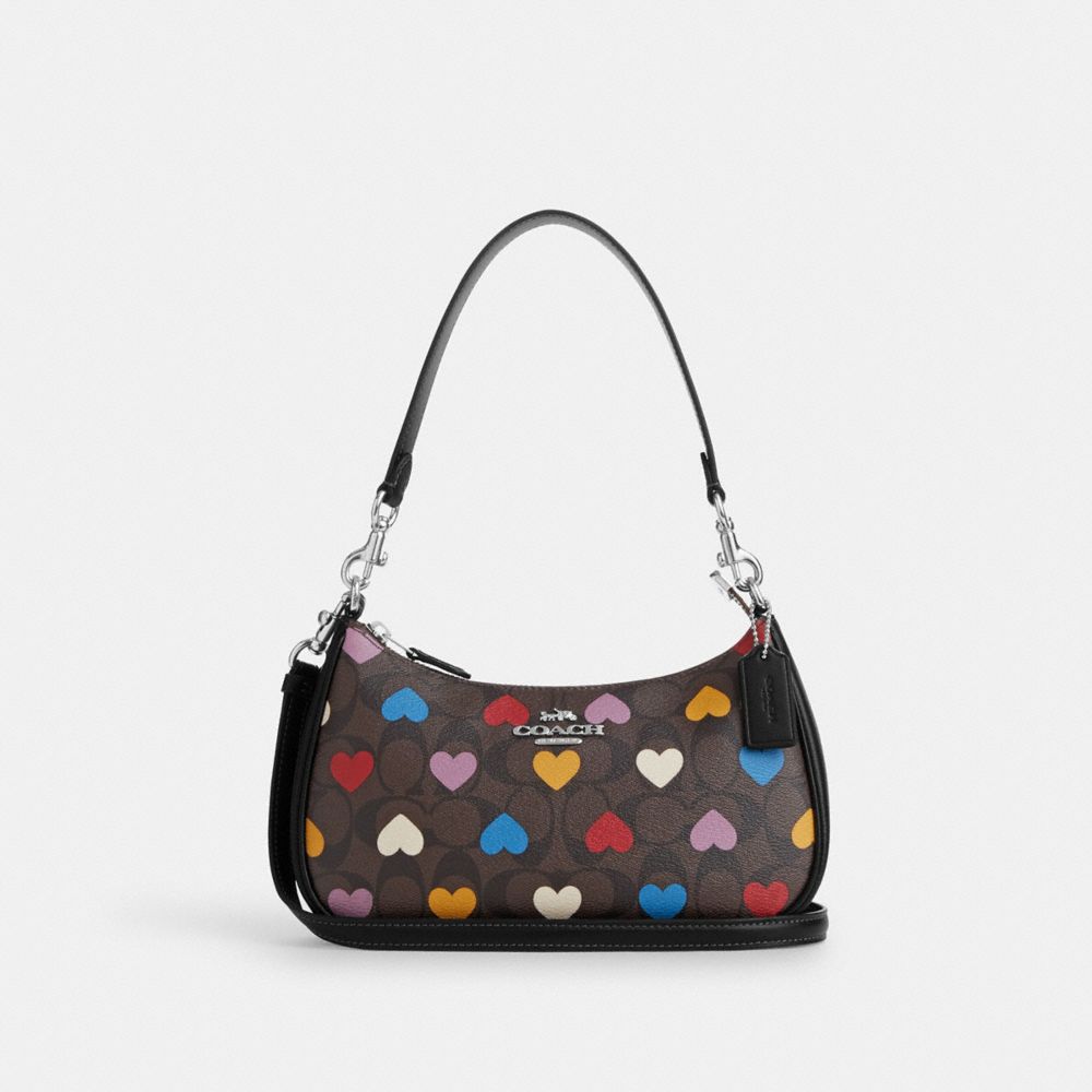 COACH CP112 Teri Shoulder Bag In Signature Canvas With Heart Print Silver/Brown Black Multi