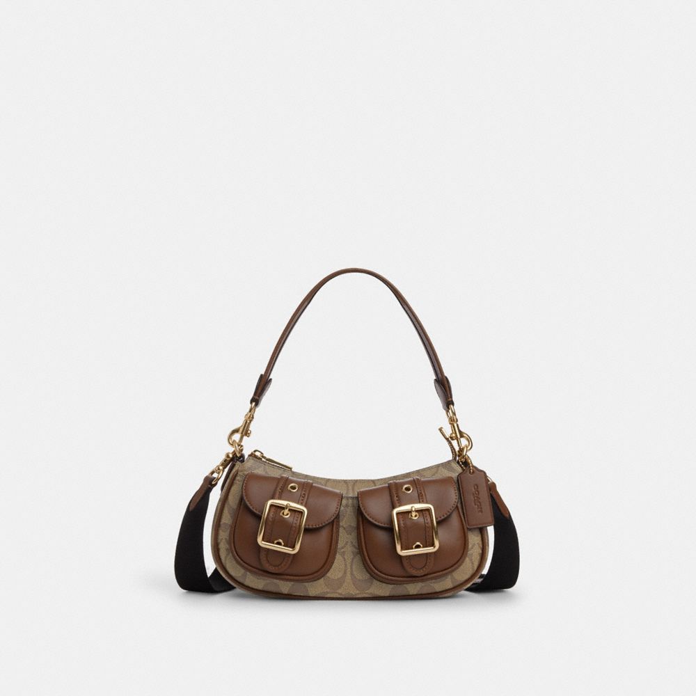 COACH CP114 Ashton Baguette In Signature Canvas GOLD/KHAKI SADDLE