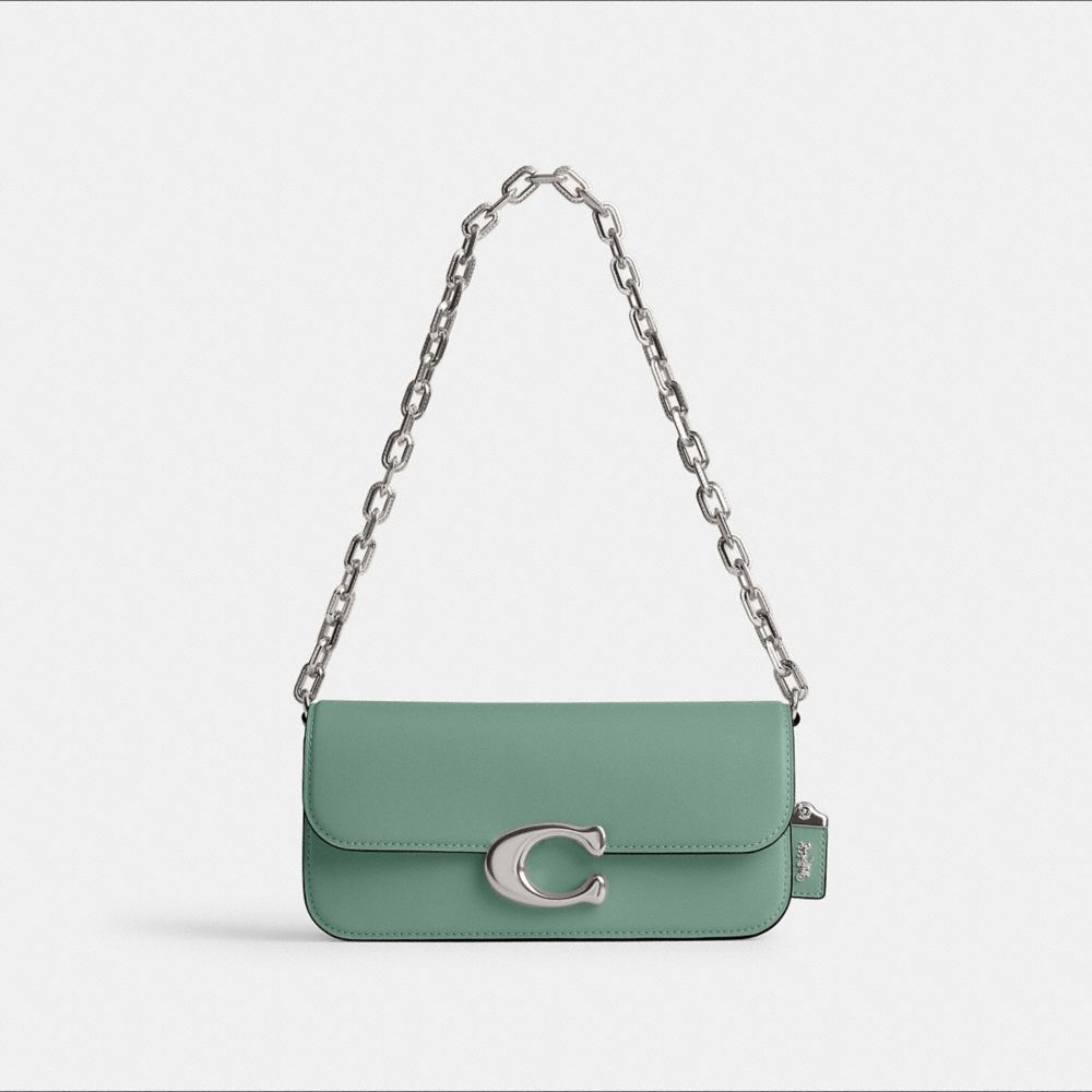 COACH&reg;,Idol Bag 23,Calfskin Leather,Shoulder Bag,Logo,Silver Metal,Day Party,Light Antique Gold/Aquamarine