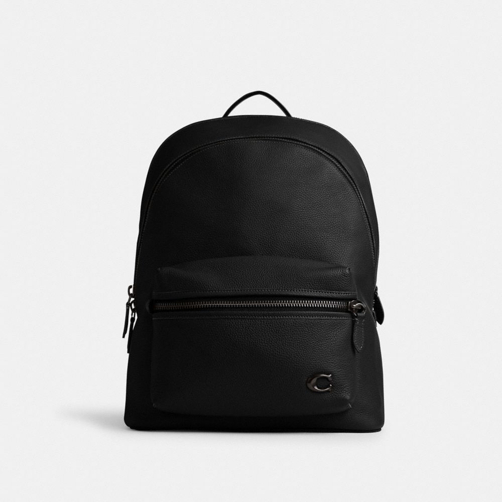 COACH&reg;,Charter Backpack,Leather,Backpack,Logo,Metal,Casual,Black,Front View