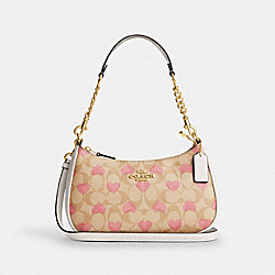 Teri Shoulder Bag In Signature Canvas With Heart Print - CP190 - Gold/Light Khaki Chalk Multi