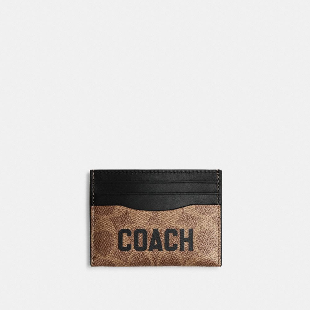 COACH®,Card Case In Signature Canvas With Coach Graphic,Calfskin Leather,Canvas,Card Case,Color Block,Casual,Tan Multi.