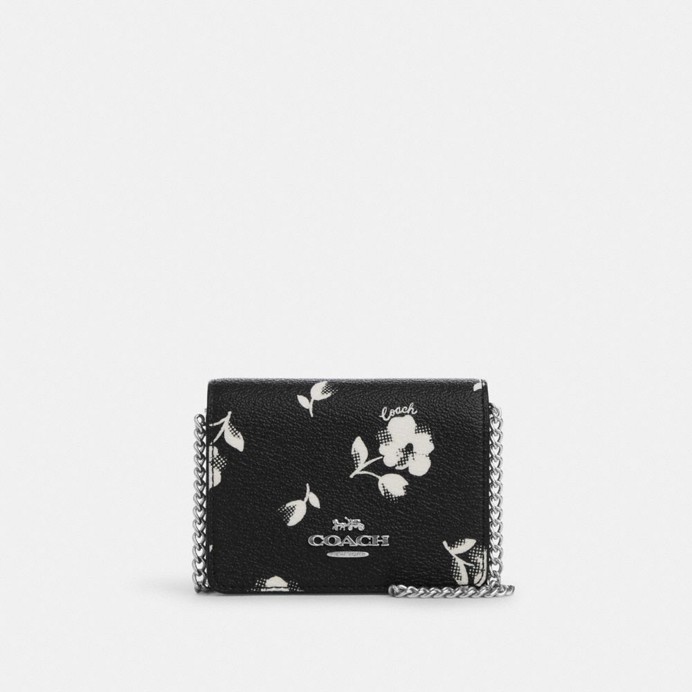 COACH CP344 Mini Wallet On A Chain With Floral Print SILVER/BLACK MULTI