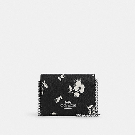 COACH CP344 Mini Wallet On A Chain With Floral Print Silver/Black Multi