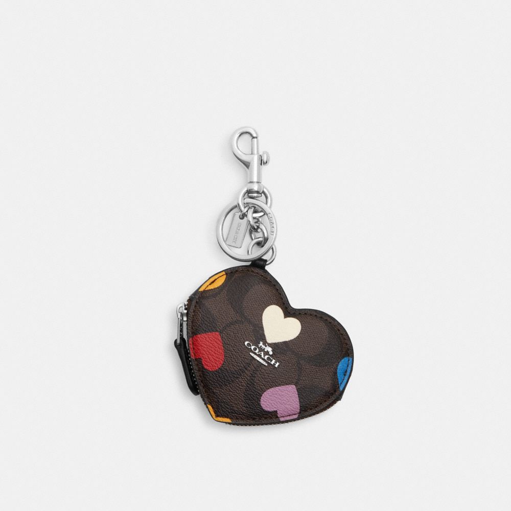 COACH CP371 Heart Bag Charm In Signature Canvas With Heart Print Silver/Brown Black Multi