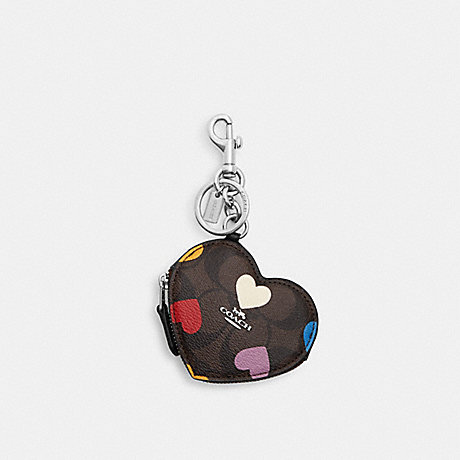 COACH CP371 Heart Bag Charm In Signature Canvas With Heart Print Silver/Brown-Black-Multi